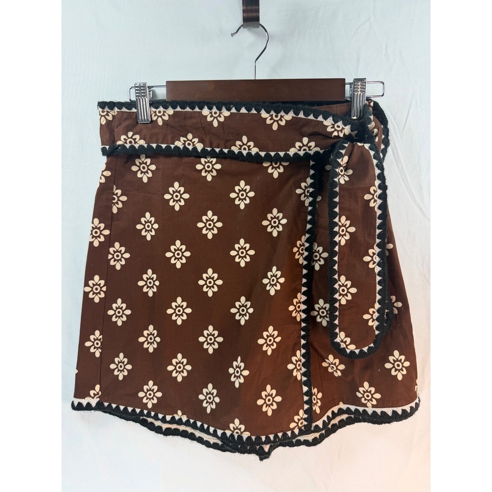 Fashion Brown Floral Wrap Skort Crochet Trim Cotton Boho Mini Shorts Small